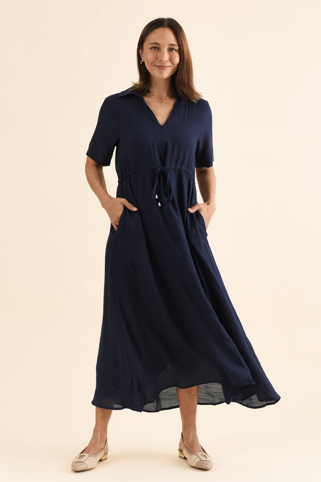 Zoya Navy Pocket Tie Dress,Full Body,Brunette model,alt text|model:Cara image 6