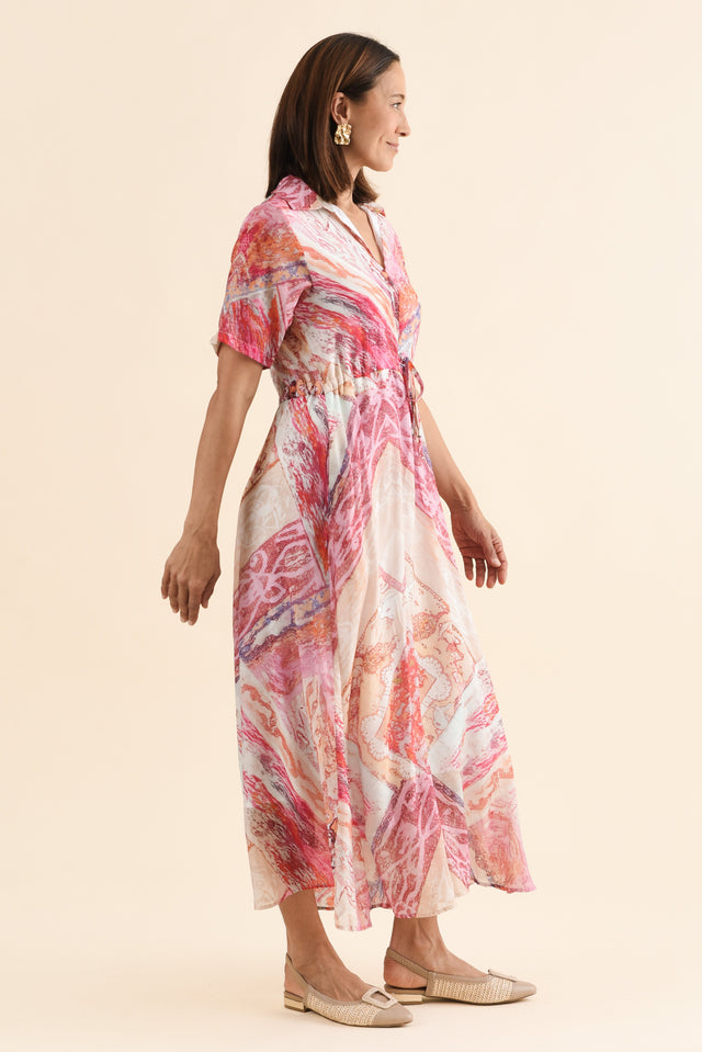 Zoya Pink Abstract Pocket Tie Dress,Side,Brunette model,alt text|model:Cara image 3
