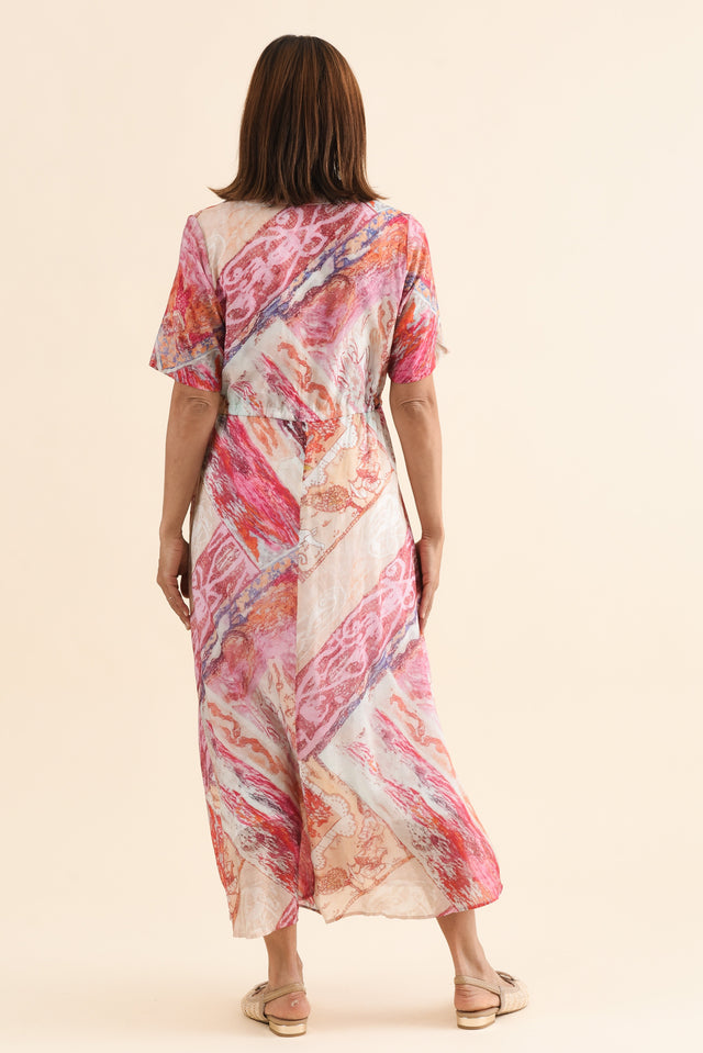 Zoya Pink Abstract Pocket Tie Dress,Back,Brunette model,alt text|model:Cara image 4