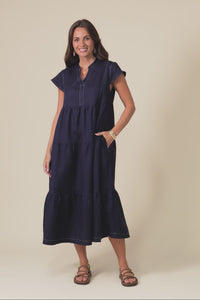 Yvette Navy Contrast Linen Blend Dress