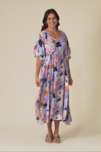 Jennifer Purple Garden Flutter Sleeve Dress
