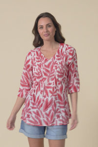 Fia Red Leaf Sleeved Crinkle Cotton Top,video