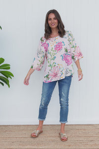 Hepburn White Blossom Linen Blend Top