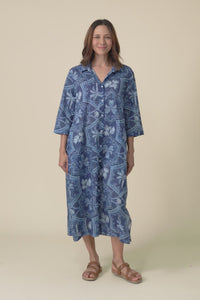 Emis Blue Palm Cotton Shirt Dress,video