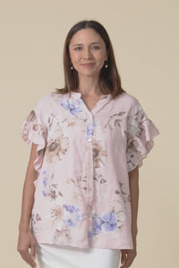 Noella Pink Floral Linen Ruffle Top,Video