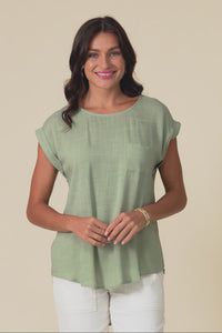 Aiden Sage Linen Blend Pocket Top