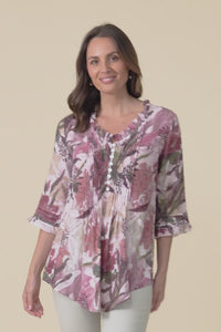 Angelo Taupe Floral Cotton Button Top,Video