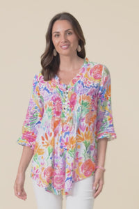 Angelo Pink Flower Cotton Button Top,Video