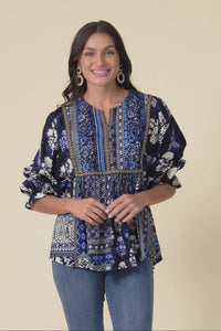 Jura Blue Motif Frill Sleeve Top