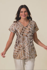 Fia Brown Aztec Leaf Crinkle Cotton Top