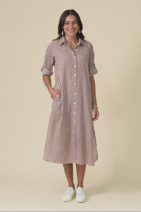Tricia Mocha Stripe Cotton Shirt Dress
