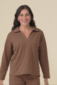Butler Chocolate Collared Long Sleeve Top,Brunette model,alt text|model:Brontie