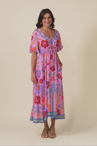 Jennifer Pink Tropical Flutter Sleeve Dress