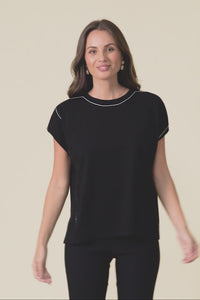 Orla Black Cotton Blend Knit Top,Brunette model,alt text|model:Cara