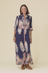 Marina Navy Mosaic Linen Cotton Dress