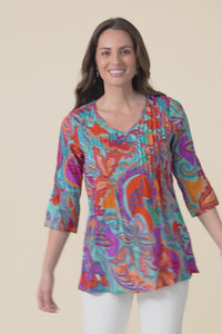Fia Blue Foliage Sleeved Crinkle Cotton Top,video