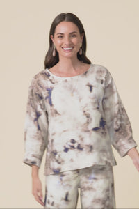 Saloma Taupe Abstract Linen Scoop Neck Top