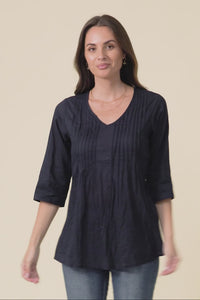 Fia Navy Sleeved Crinkle Cotton Top
