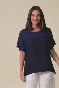 Remo Navy Linen Frayed Top