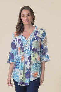 Angelo Blue Flower Cotton Button Top,Video