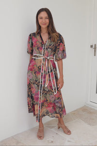 Hilma Black Floral Cotton Blend Tie Dress