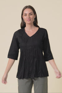 Fia Black Sleeved Crinkle Cotton Top
