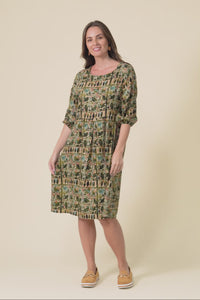 Nicolette Green Motif Cotton Blend Sleeved Dress