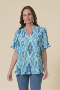 Calm Blue Diamond Ruffle Top