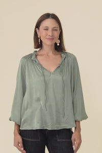 Isaac Khaki Silk Ruched Top