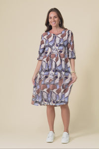 Nicolette Blue Abstract Cotton Blend Sleeved Dress