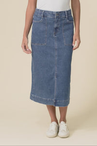 Attie Dark Blue Denim Stretch Midi Skirt