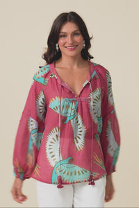 Lorrini Red Bird Cotton Tassel Top