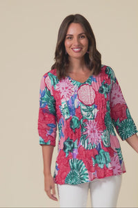 Fia Pink Abstract Sleeved Crinkle Cotton Top