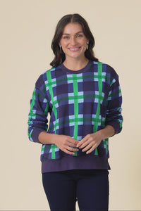 Bari Navy Check Cotton Crewneck Sweatshirt