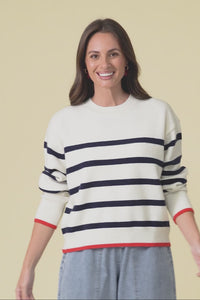 Leonie Navy Stripe Knit Sweater,Brunette model,alt text|model:Pilita