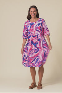 Nicolette Fuchsia Swirl Cotton Blend Sleeved Dress