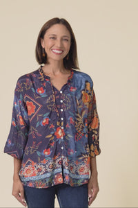 Laria Navy Botanical Button Top