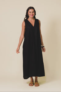 Phoebe Black Linen Midi Dress