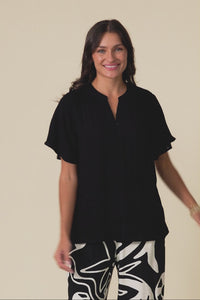 Ponny Black Linen Blend Button Top