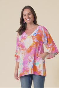 Diona Pink Watercolour Frill Sleeve Top