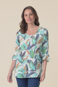 Cassidy Blue Leaf Cotton Sleeved Top,Video