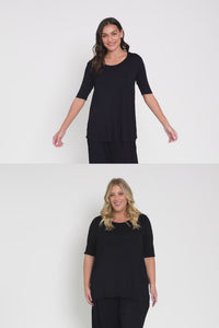 Maya Black Half Sleeve Tee,Brunette model,alt text|model:Cara