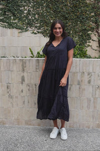 Nona Navy Crinkle Cotton Maxi Dress