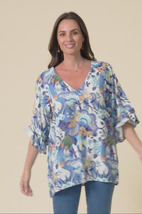 Diona Blue Floral Frill Sleeve Top
