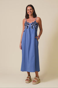 Essen Cobalt Cotton Poplin Embroidered Dress