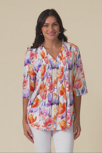 Alby Orange Flower Pleated Blouse