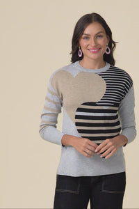 Anju Grey Stripe Heart Knit Jumper