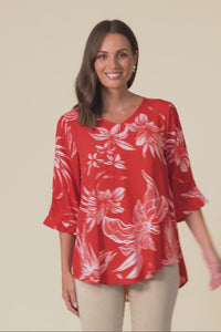 Riveria Red Floral V Neck Top,Brunette model,alt text|model:Cara