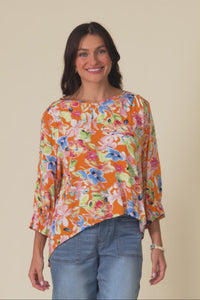 Lourdes Orange Floral Frill Sleeve Top