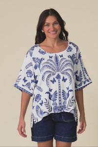 Kendria Blue Palm Batwing Top